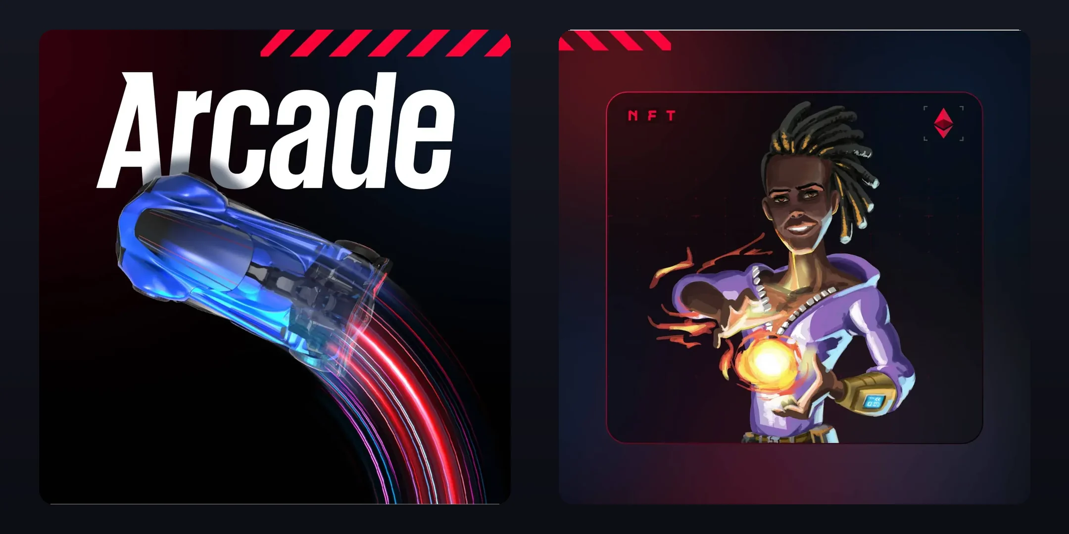 Nitro Arcade 2D simulation game panel beside an NFT character card from the marketplace