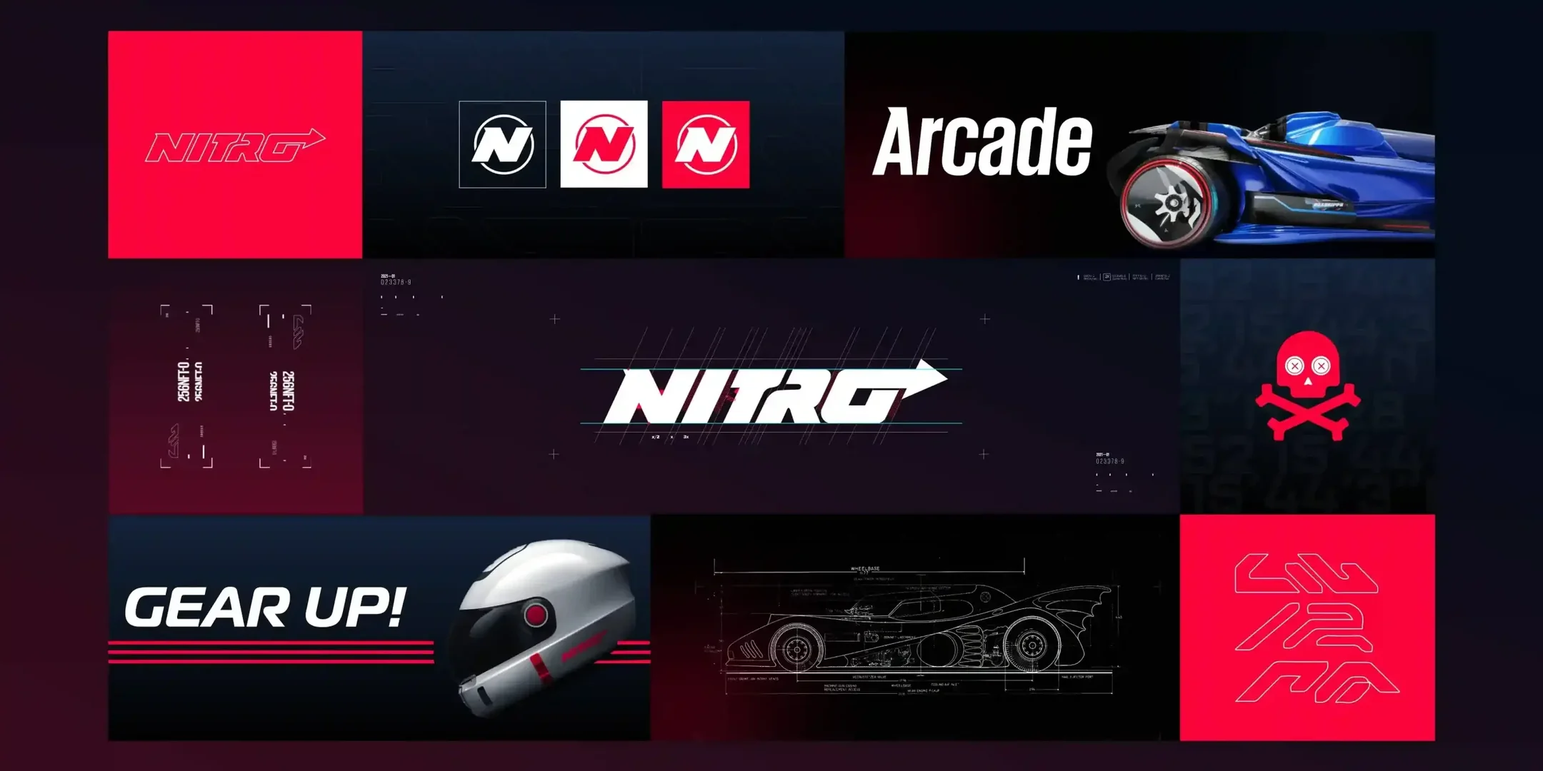 Nitro League brand board: wordmark with arrow, three treatments of the N roundel, hazard stripes, a helmet and a car blueprint