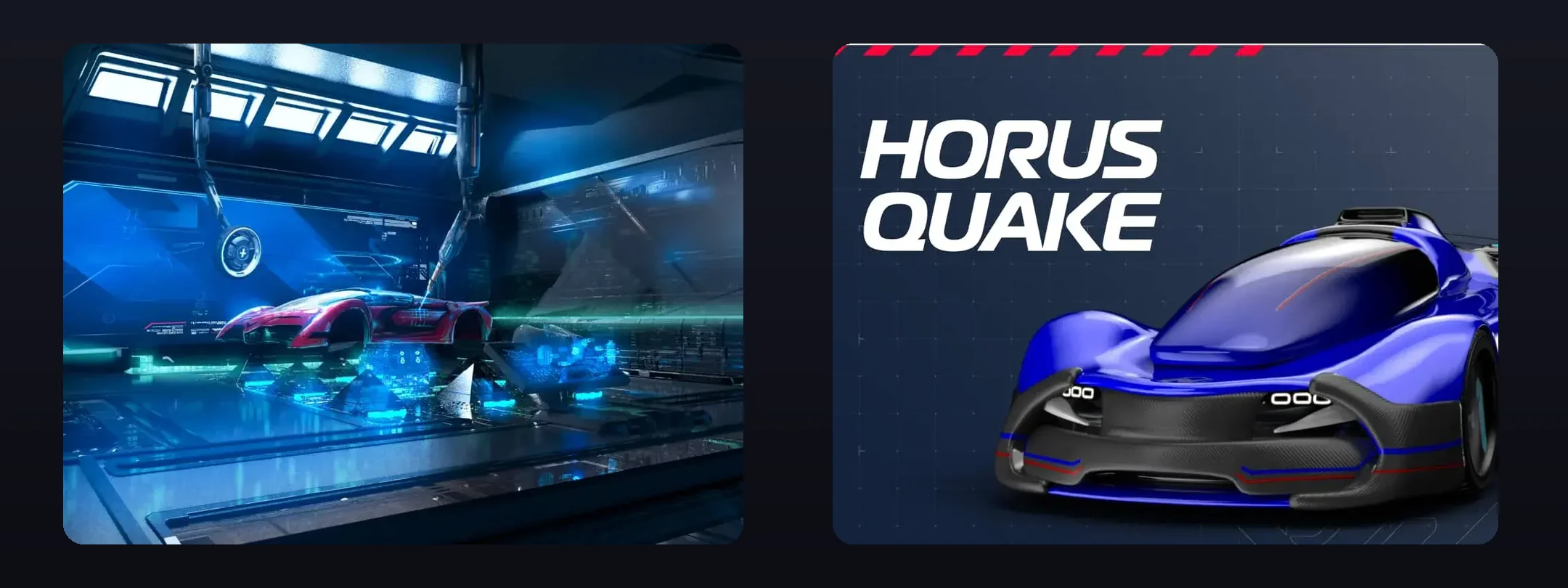 The 3D garage with a car on a lift beside the Horus Quake race car
