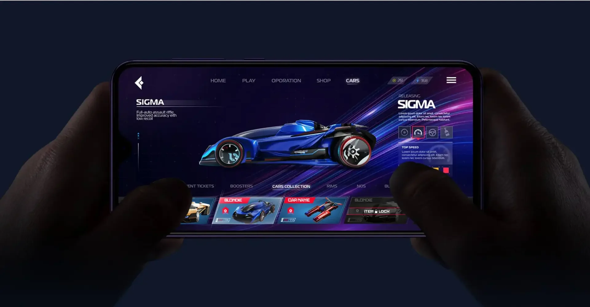 Nitro League game UI on a phone held in landscape, showing the cars collection and a featured car