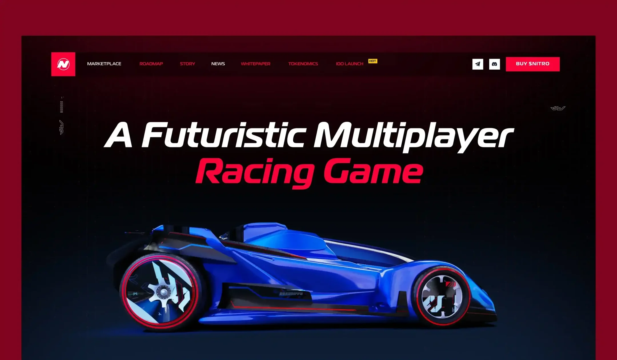Nitro League marketing site hero: A Futuristic Multiplayer Racing Game, with marketplace, roadmap, whitepaper, tokenomics and IDO launch in the navigation