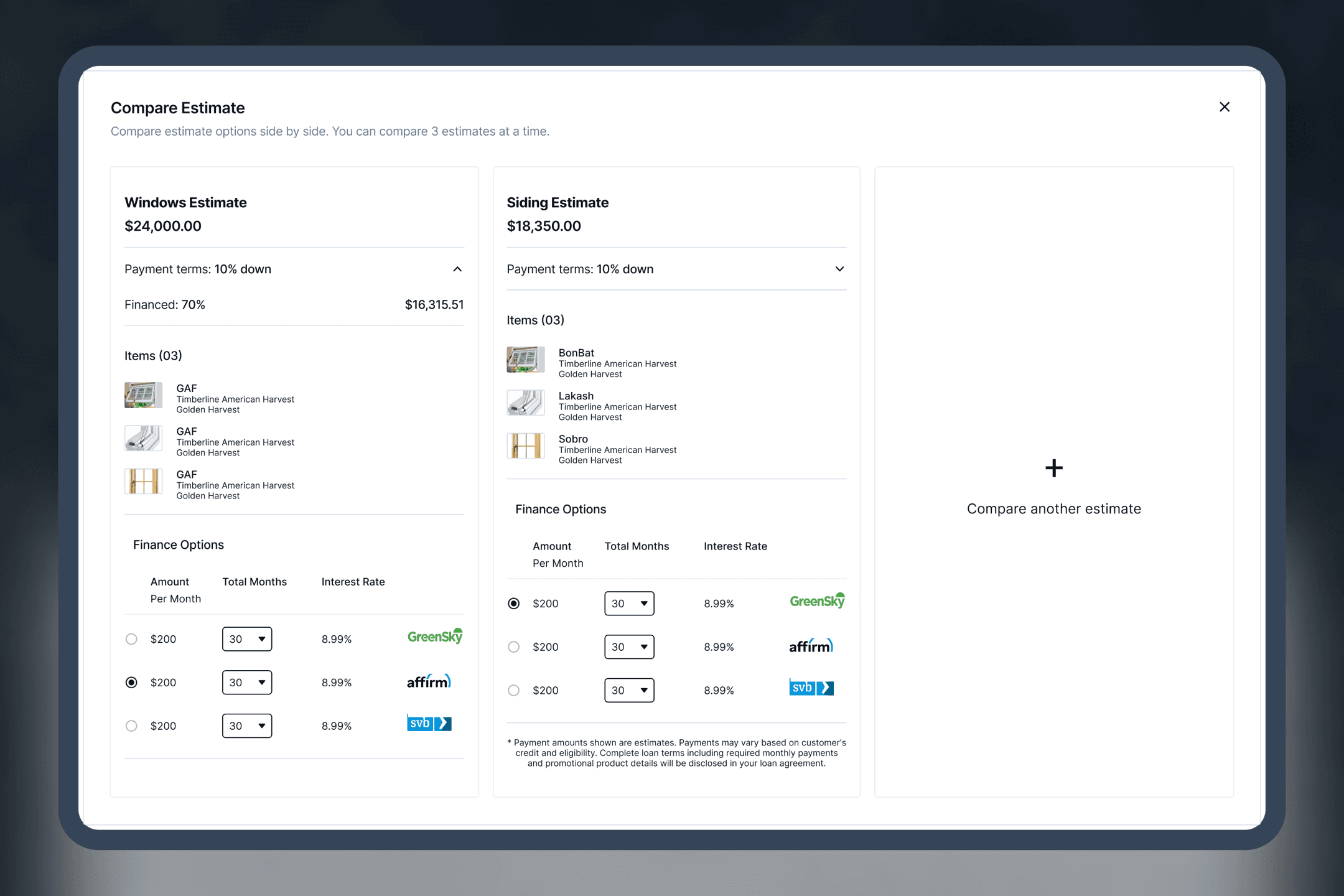 Compare Estimate screen showing a windows estimate and a siding estimate side by side with finance options
