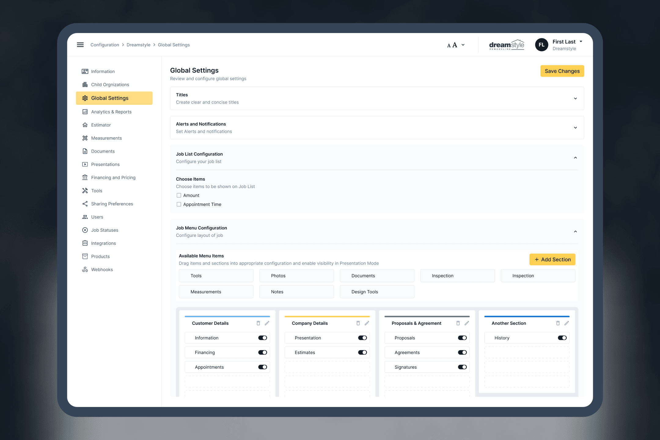 Global Settings page with collapsible configuration sections and drag-and-drop job menu layout