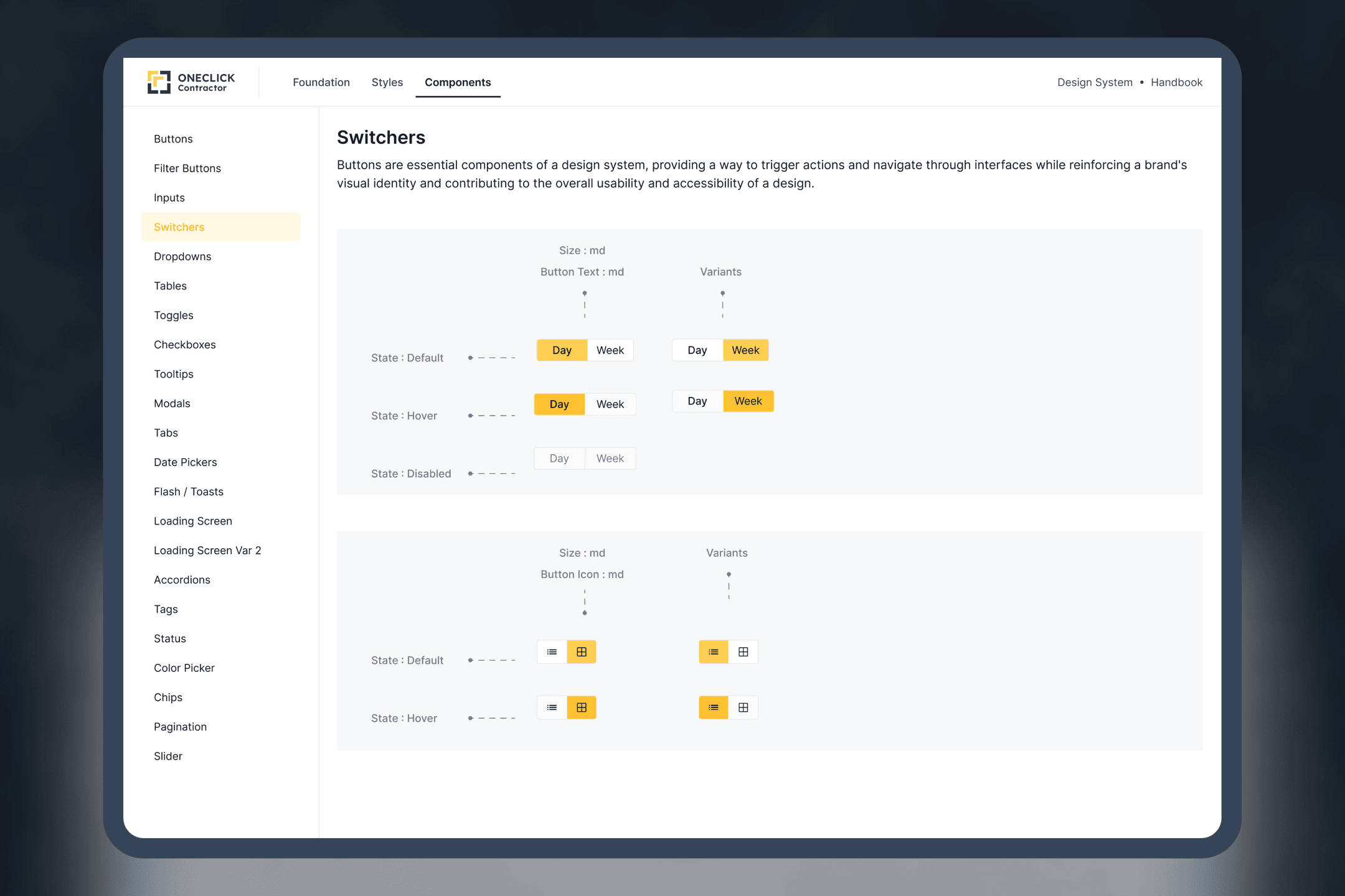 OCC design system handbook showing the Switchers component in default, hover and disabled states