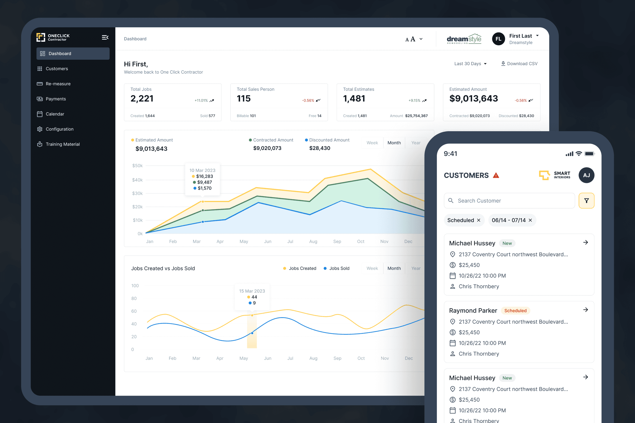 One Click Contractor dashboard on desktop and the customers list on mobile after the redesign